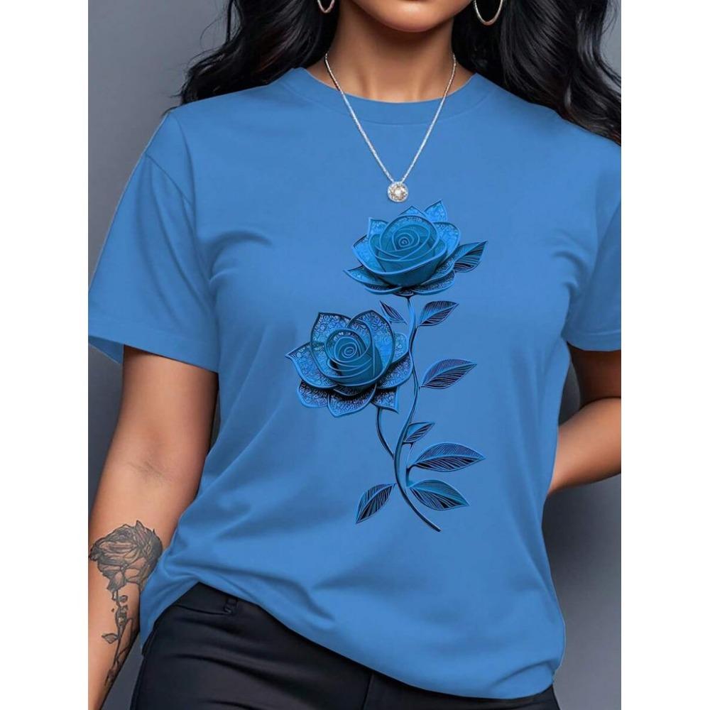 Damen lässiges T-Shirt mit Rosen-Schmetterlings-Print, Rundhalsausschnitt, kurzärmelig, Sommer