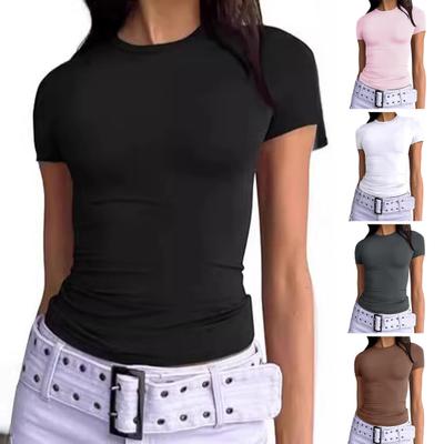 Women T-shirt Round Neck Short Sleeve Solid Color Tee Shirt Slim Fit