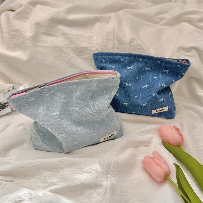 410125 Denim Bow Cosmetic Bag Water Milk Skin Care Products Large Capacity Zipper Storage Bag Shopping Clutch Bag
