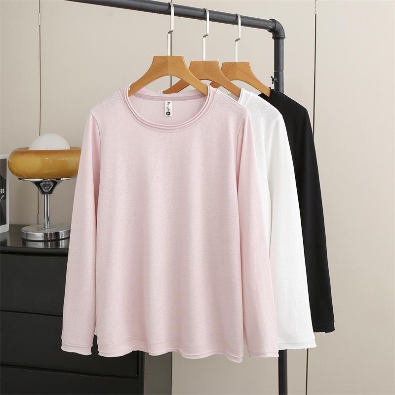 Plus Size Women's Long Sleeve Spring Top - Frayed Hem Snowflake Cotton Shirt, Simple Inner Layer T-shirt for Chubby Girls