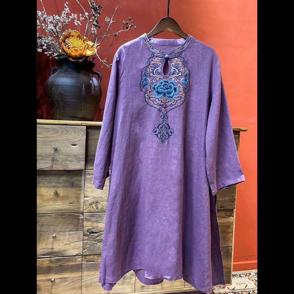 Jarní/Letní Midi šaty s výšivkou: Etnický čínský styl, Rukávy délky ke třem čtvrtinám, Kulatý výstřih, Bohatá výšivka