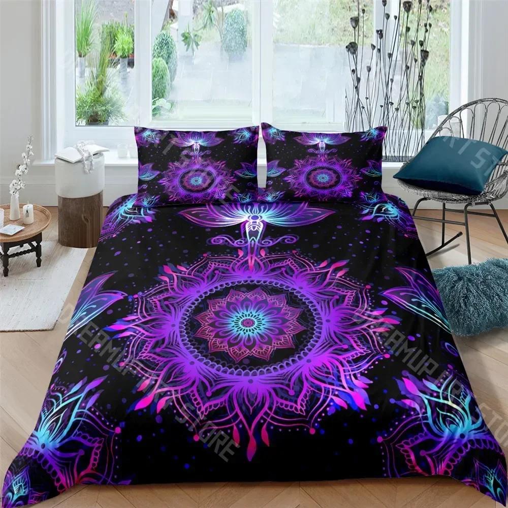 Bohemian Lotus 3pcs Bed Set Duvet Cover Set Mandala Flower Quilt Cover Adult Black Polyester Bedding Set Queen King Twin Te