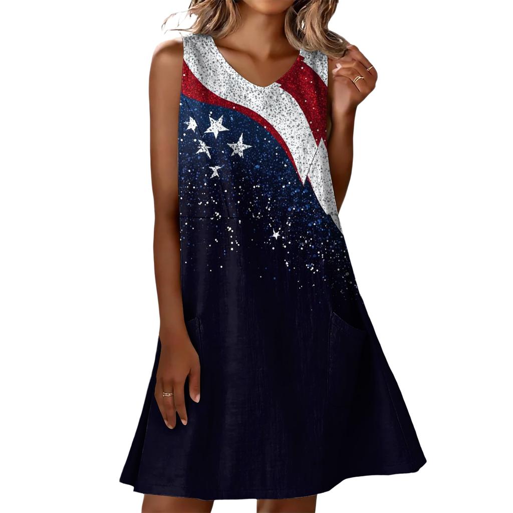 Letnie Sukienki Damskie Luźne na Plażę Wakacje Codzienne Bez Rękawów Dekolt V Sukienki Letnie Z Kieszeniami Sukienka na Ramiączkach