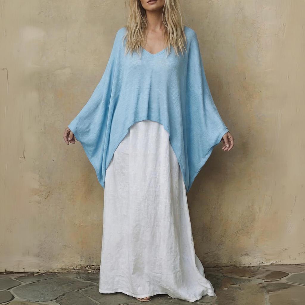 Women's Color V-Neck Long Sleeve Cape Top and Loose Fit Dress Two-Piece Set