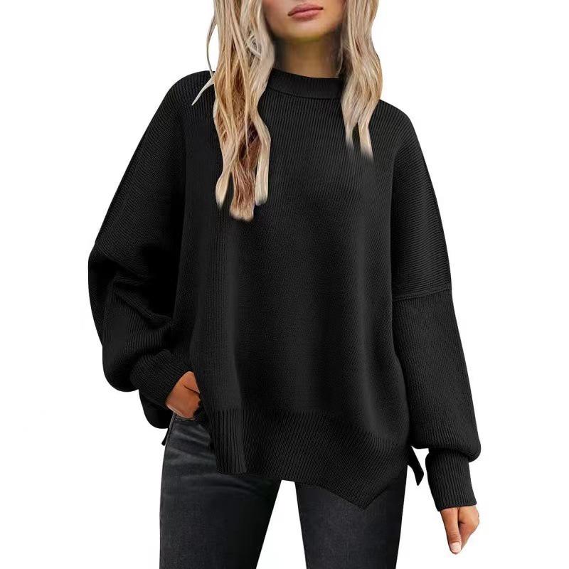2025 Women's Round Neck Batwing Long Sleeve Knit Sweater with Exposed Seam and Side Slit