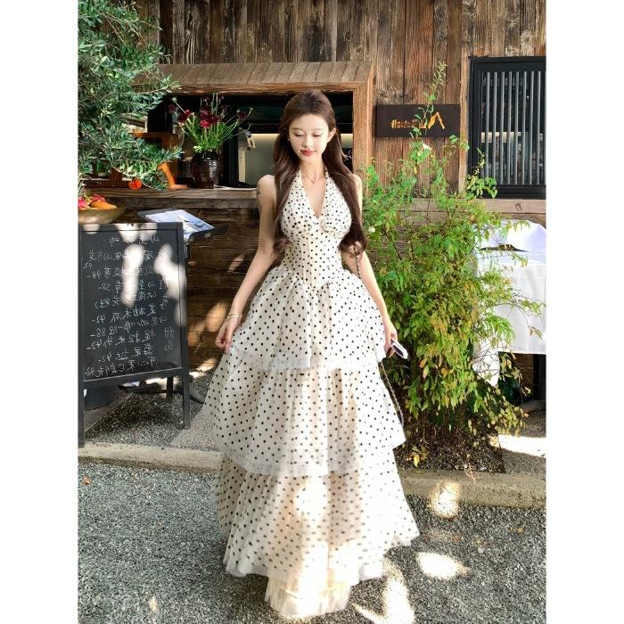 

Atmosphere stunning summer dress super fairy beautiful girl Hepburn style neck point hanging neck high waist long skirt XL