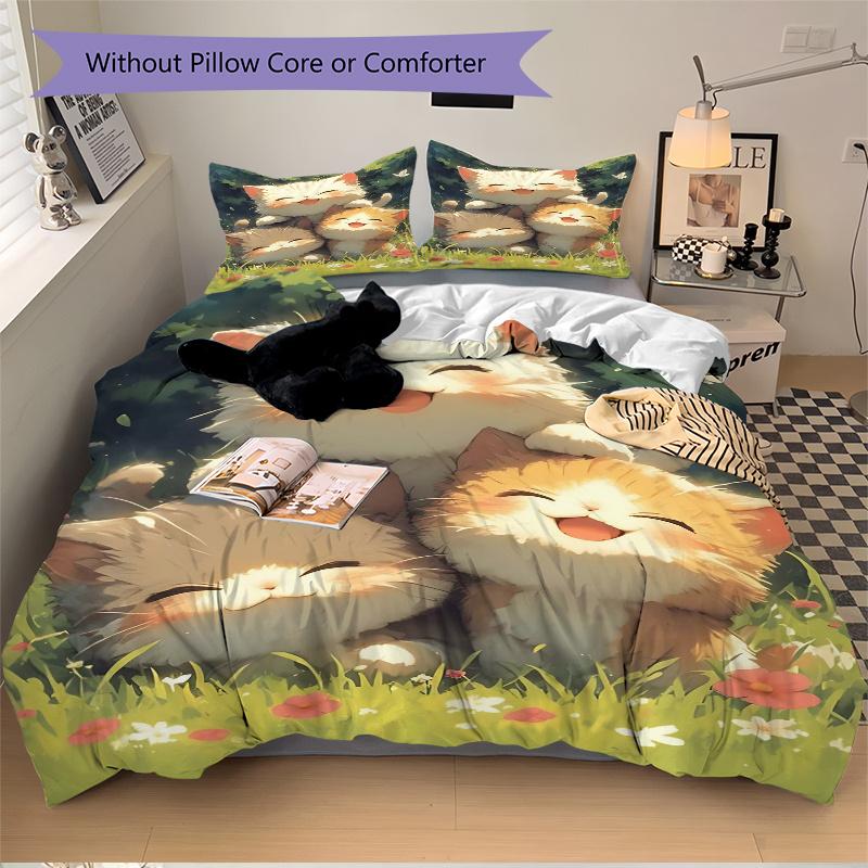 3pcs Three kittens Quilt Cover Set (1 Quilt Cover + 2 Pillowcases Without Pillow Core), High-Definition Printing for Home and Dormitory.L108