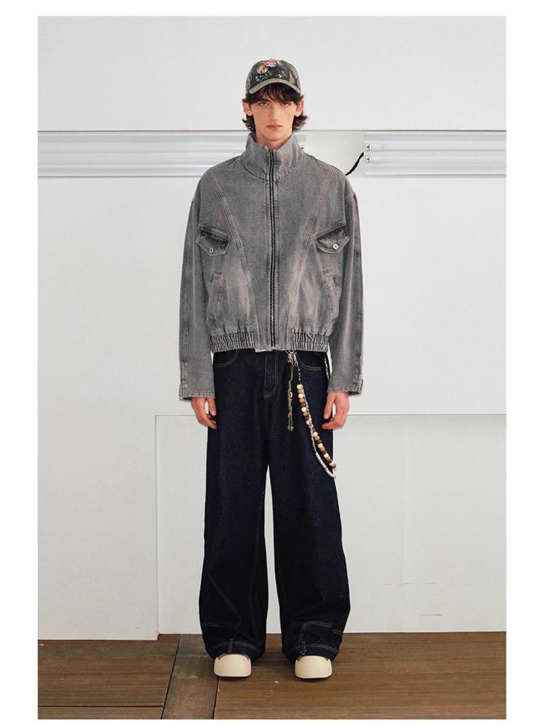 Men's Spring & Autumn Inverted Split Stand-Up Collar Deconstructed Denim Jacket
