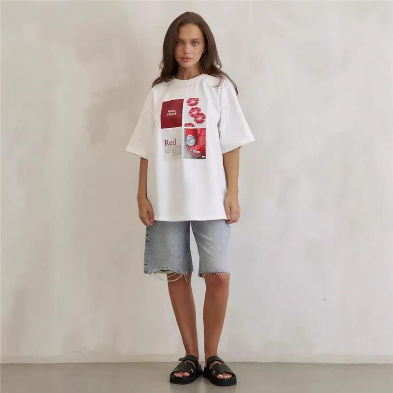 Women's High-End Graffiti-Style Short-Sleeve T-Shirt with Heavy-Duty Shoulder Design