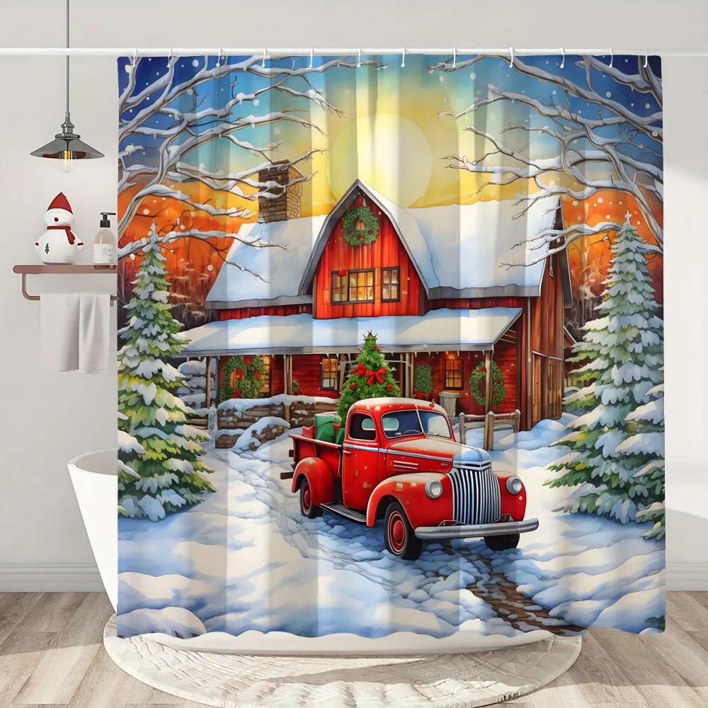 Christmas Shower Curtain Santa Claus Christmas Gifts Snowman Happy Holidays Polyester Shower Curtains Bathroom Deco with Hooks