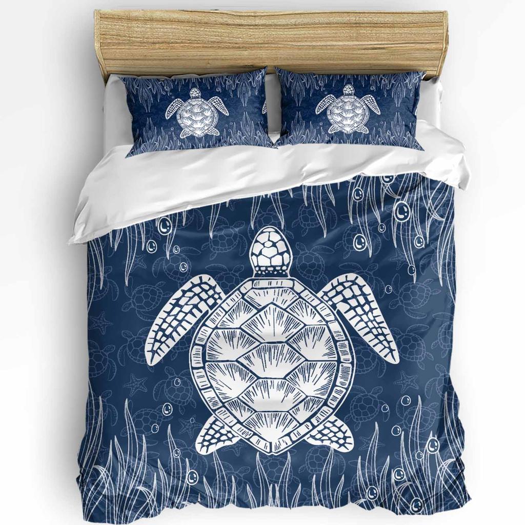 Nautical Theme Sea Turtle Starfish Compass Duvet Cover with Pillow Case 3pcs Bedding Set Quilt Cover Double Bed Home Textile