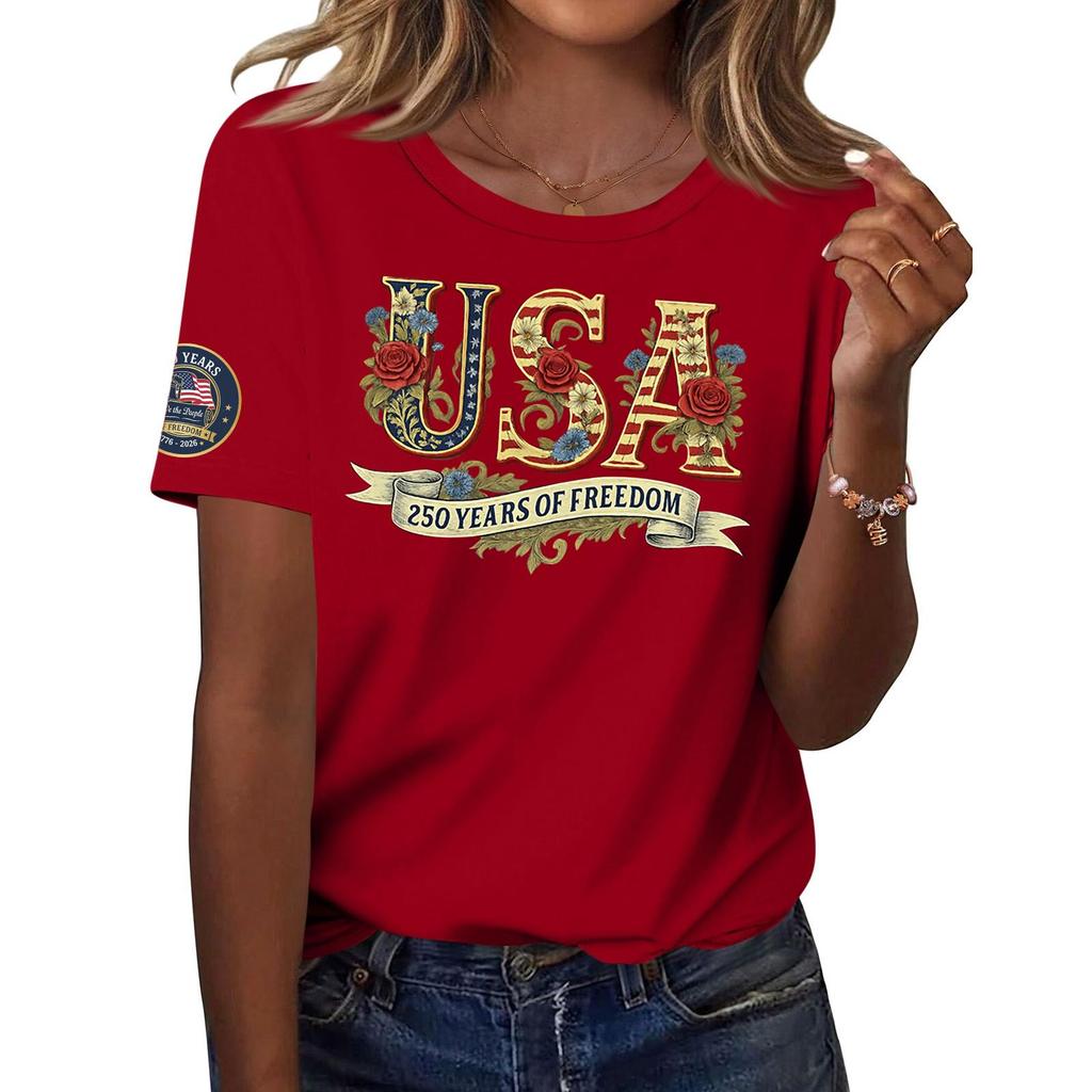 Women’s Short Sleeve Crew Neck T Shirt USA 250 Years of Floral Letter Print Casual Loose Fit Top for Everyday Wear