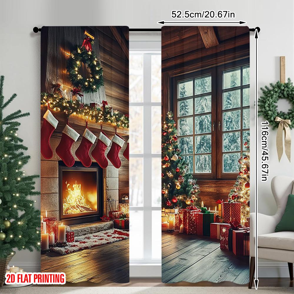 2pcs 2D flat printing Merry Christmas Window Curtains Farm Style Christmas Scene Durable 100% Polyester Fabric Without