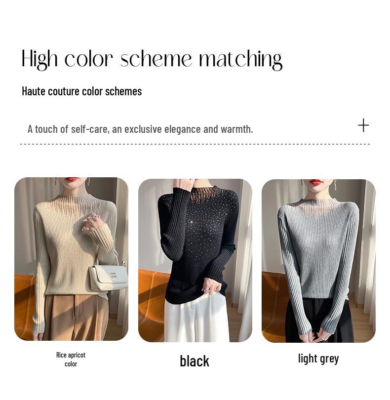 Women's Slim-Fit Wool Sweater with Rhinestone Design, Solid Color Base Layer