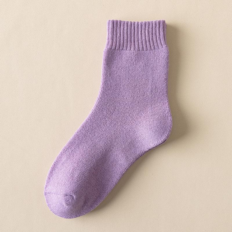Women's Autumn/Winter Terry Socks - Velvet-Lined, Thick, Mid-Tube, Solid Color, Warm Towel Style.