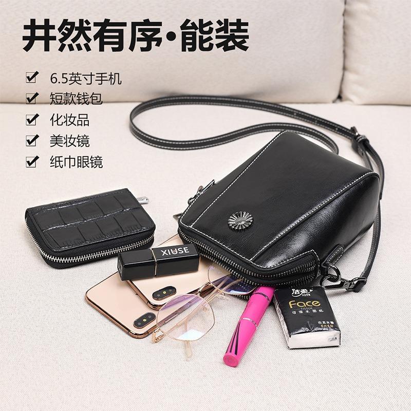 Small bag women's new oil wax cowhide leather women's bag mobile phone bag fashion shoulder messenger bag women's