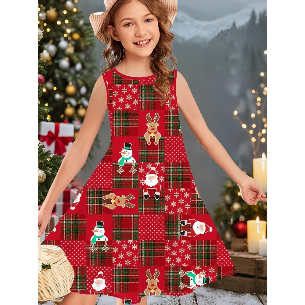 Girl's Summer Cute Christmas Print Sleeveless Vest Dress Fashionable Round Neck Casual Comfortable Soft Breathable Mini Dress