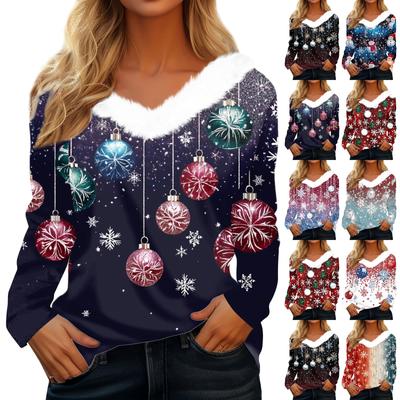 Damen Langarmshirt mit Weihnachtsdruck, Party-Plüschhals, breiter lässiger V-Ausschnitt