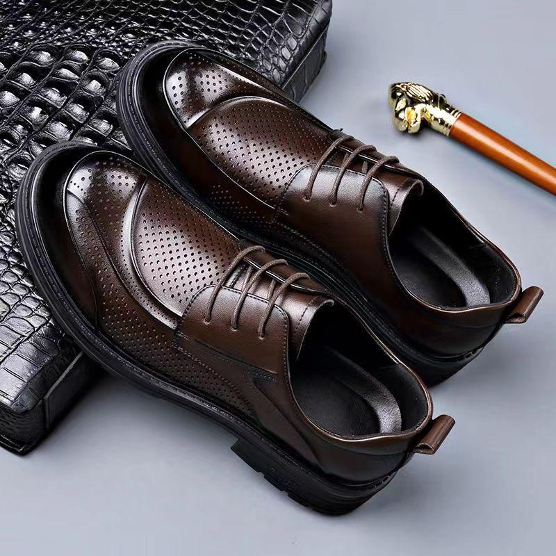 Premium Derby Shoes Men's Platform Casual Hollowed-out Leather Shoes Spring and Summer Big Head Retro Breathable Leather Hollowed-out Men's Shoes
