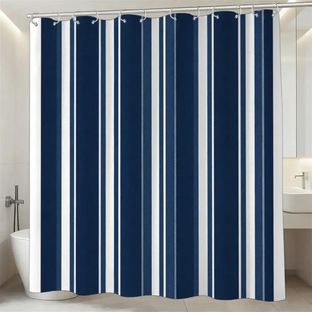 

Nautical Stripe Shower Curtain – Classic Blue & White Vertical Bands, 12 Hooks, 70.87×70.87 Waterproof Minimalist Bath Decor W60H190(CM)-1 Pcs