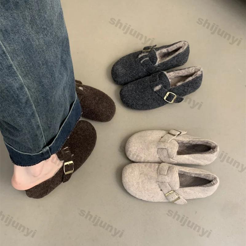 Fashion Winter Retro Thicken Plush Warm Shoes Women New Faux Suede Warm Cotton Single Shoes Woman Thick Sole Non Slip Cotton Padded Shoe