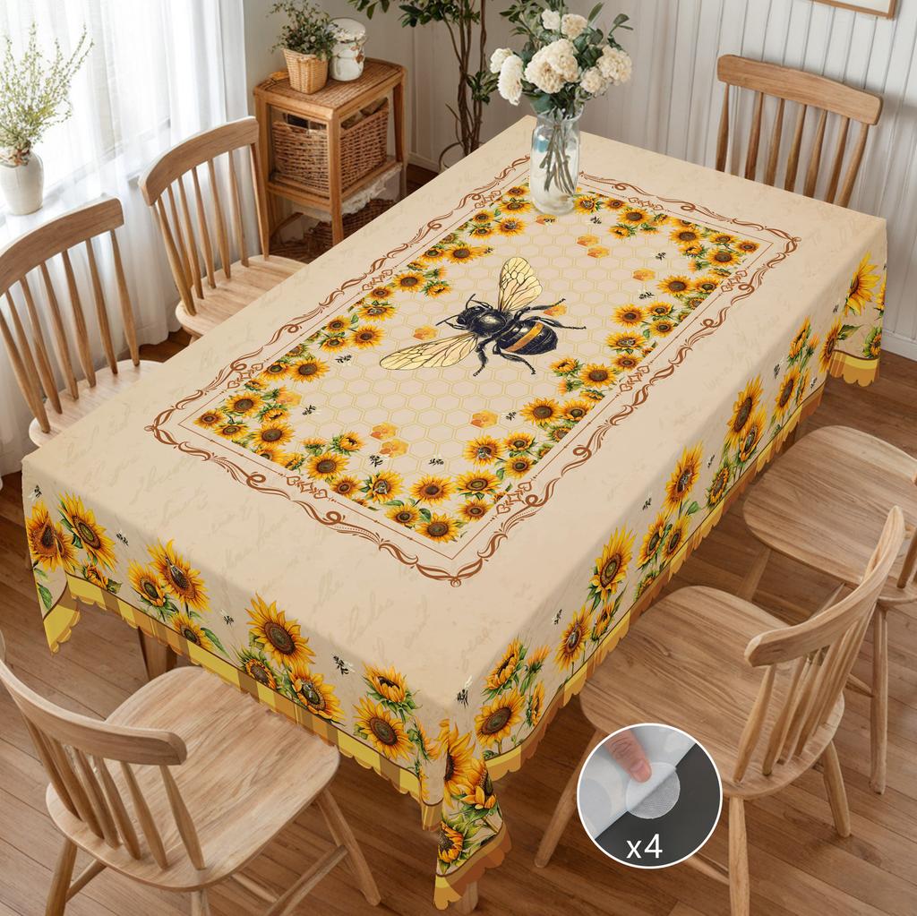 1 Piece Of Sunflower Bee Print Round Tablecloth, 5 Sizes Available, Square Tablecloth With Retro Sunflower Flower Print Design, Edge Embossing Process