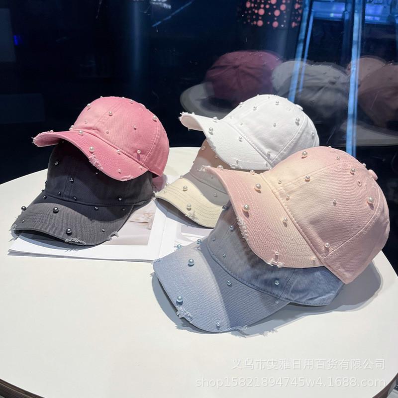 Cotton Baseball Cap With Pearl Embellishments For Summer Sun Protection