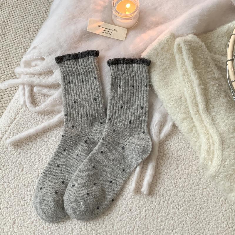 

Осенне-зимние женские толстые теплые носки до середины икры с кружевом и горошком A4