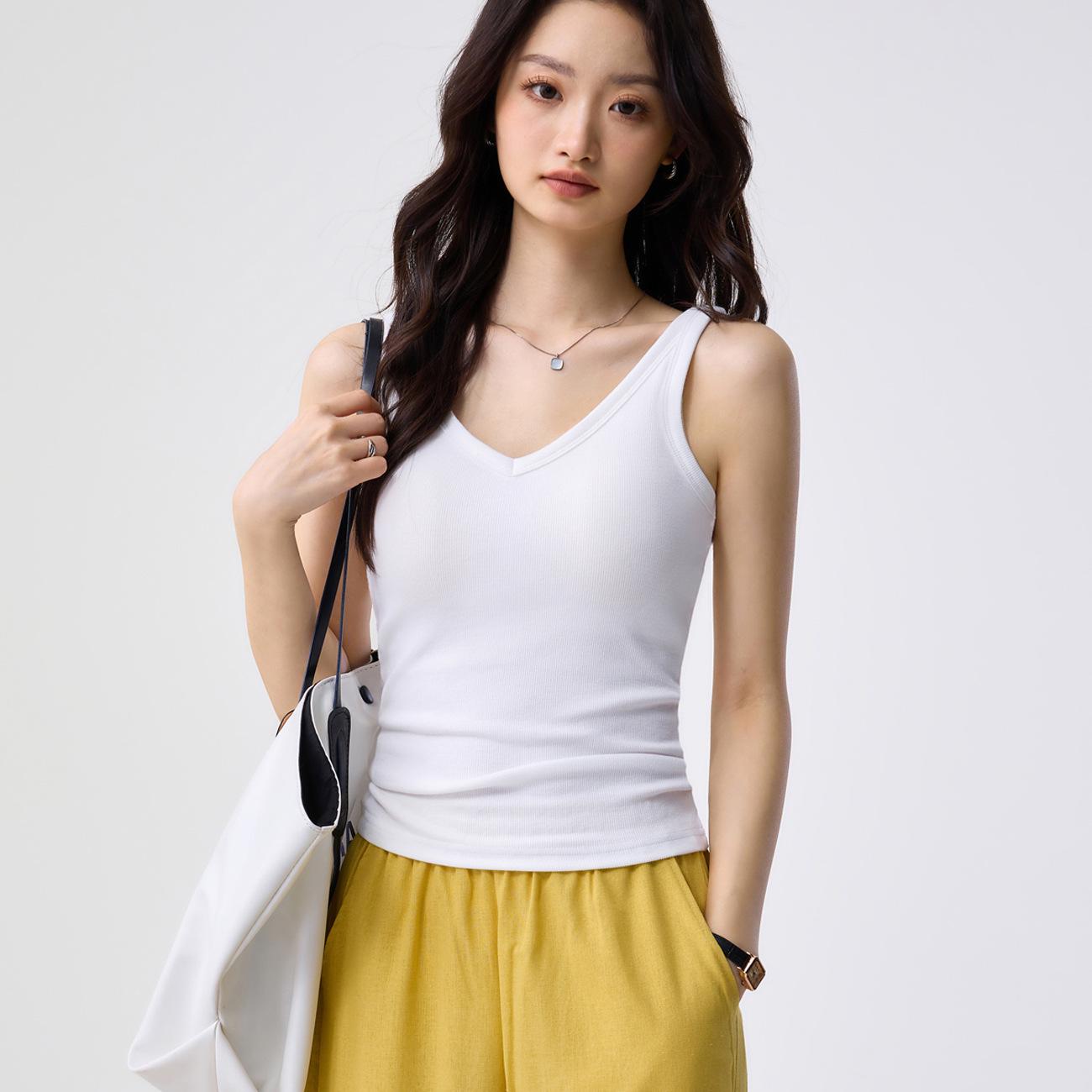 Women s V-Neck Camisole with Fixed Bra Pads - Slim Sleeveless Summer Top, 260g XL