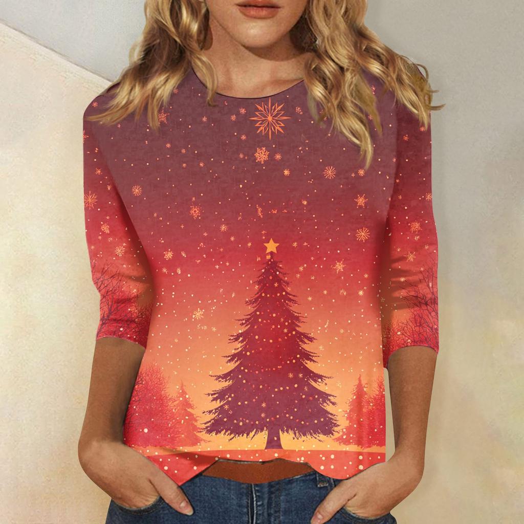 Christmas Limited Edition Women's 3D Red Christmas Tree Printed Round Neck Long Sleeve T-shirt Fashion Casual Long Sleeve Top