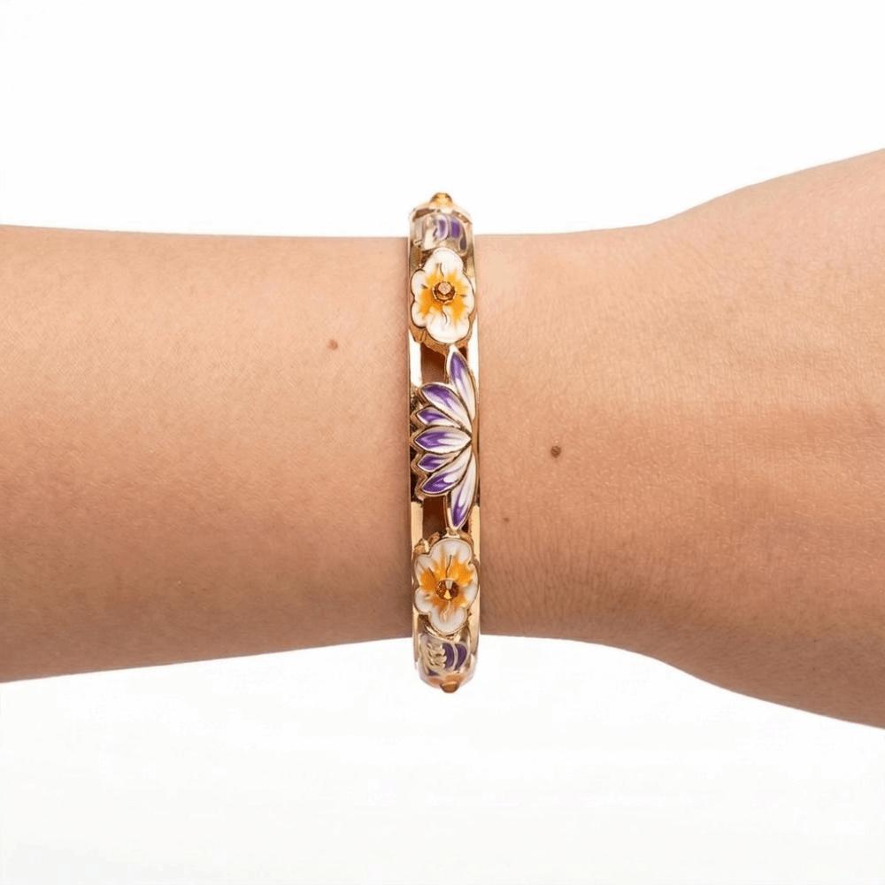 Gold Plated Enamel Floral Bangle Elegant Lotus Floral Open Cuff Bracelet Cloisonne Bangle Ladies