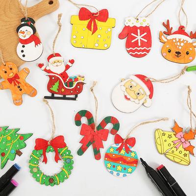 10 Stück Weihnachten Cartoon Muster Farbloses Holzbrett & Hanfseil - Manuelle Ausmalung Weihnachtsbaum Anhänger Weihnachtsdekorationen