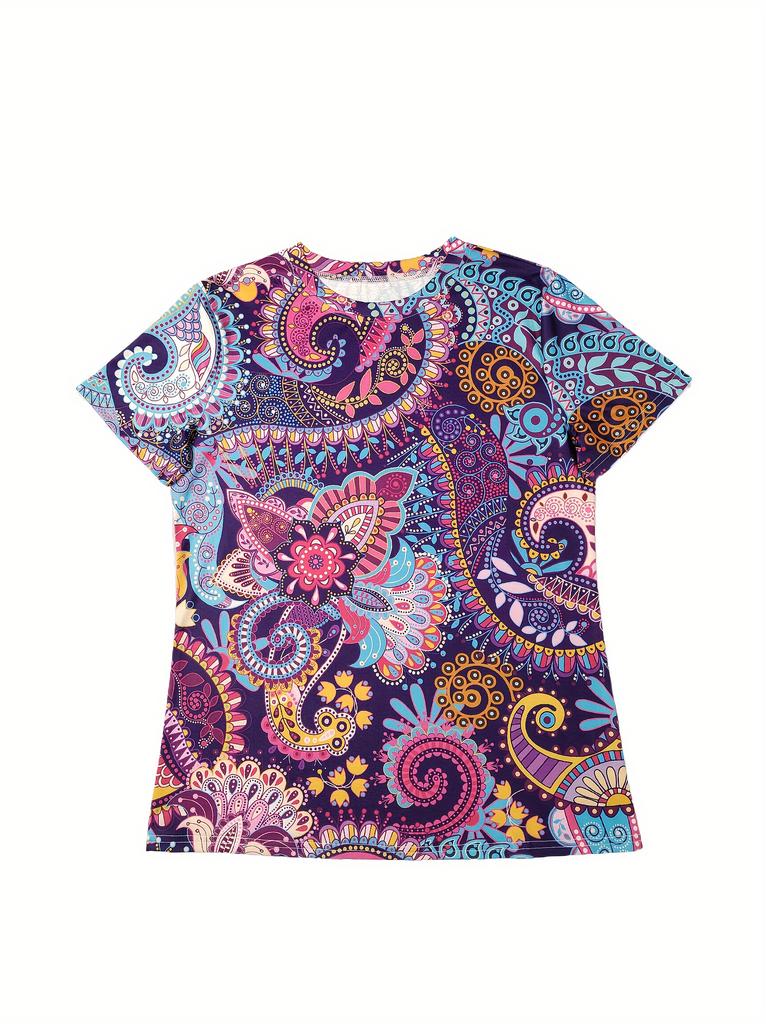 Vibrant Paisley Women's Tee - Colorful Ornate Pattern Graphic, Boho Ethnic Print Design for Casual Daily Wear