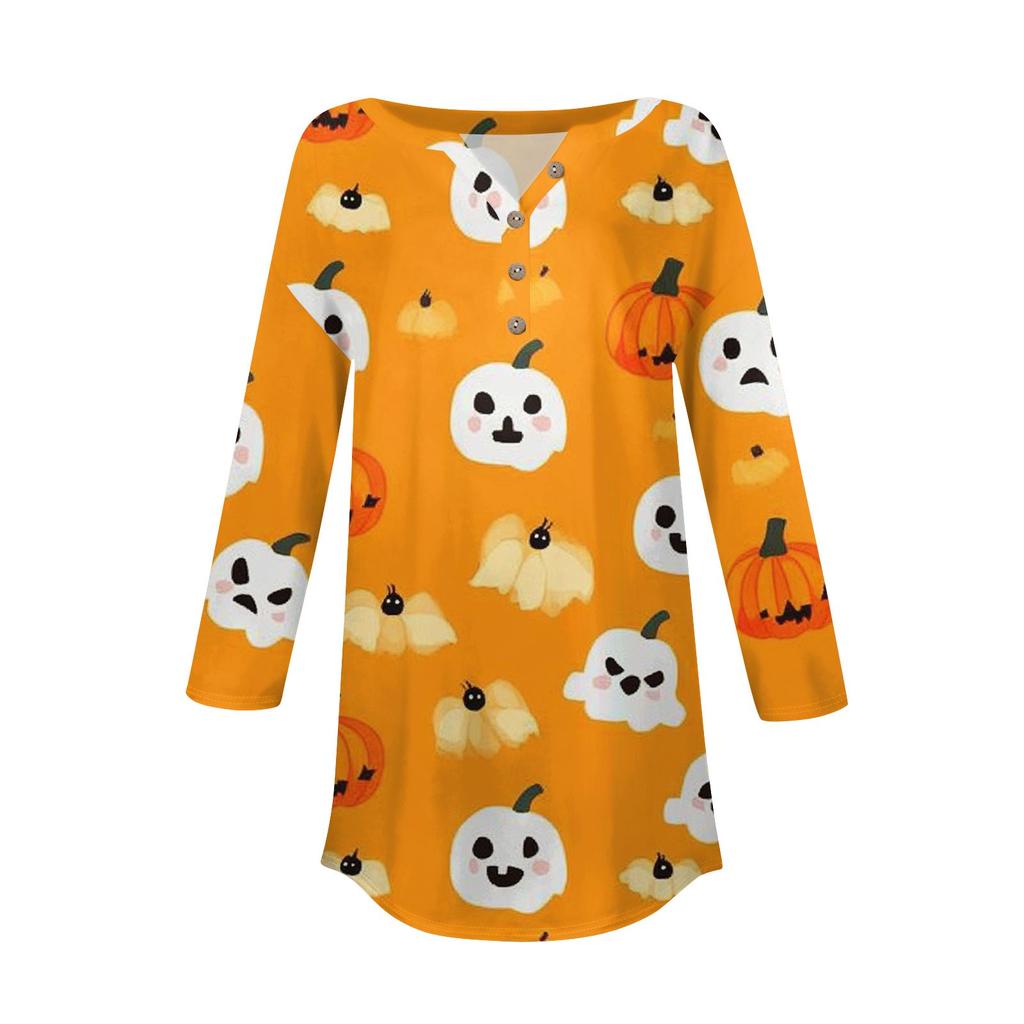 Women's Fashion Loose Button Collar Halloween Print Long Sleeve T-Shirt Top Pullover