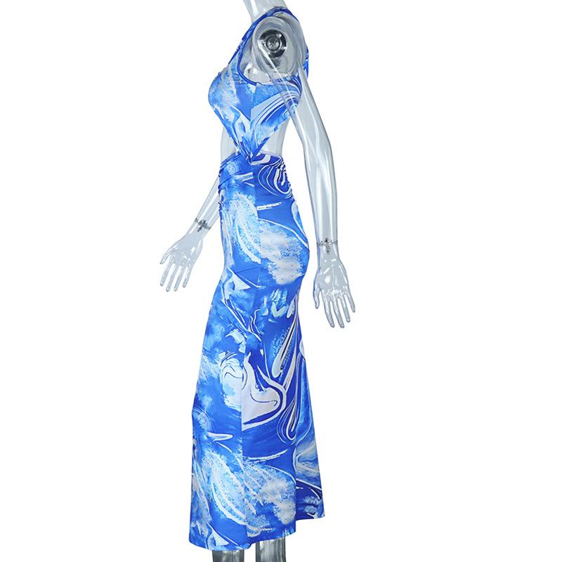 European and American Style Hollow Tight Dress with Round Neck and Exposed Backpack Buttocks, One Step Long Skirt with Printed Vacation Style Skirt