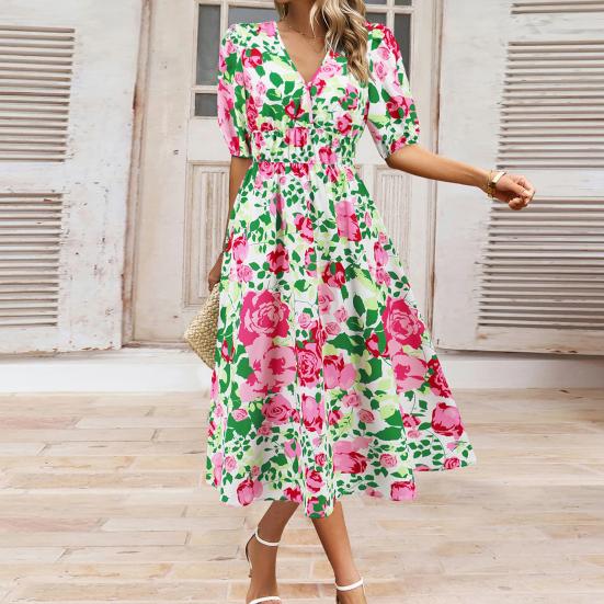 Women Dress Floral Print Elastic Tight Waist Short Sleeve V Neck A-line Big Swing Bohemian Summer Beach Vacation Mid-calf Length Midi Dress