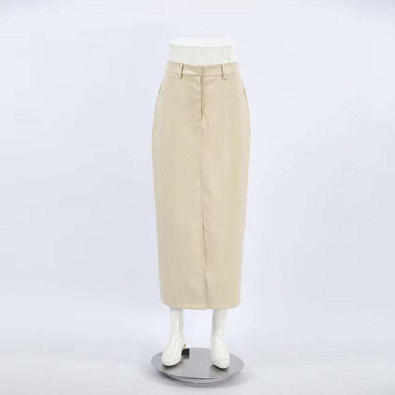

Fashion Style New Arrival Fashion PU Leather High Waist Slit Skirt High Waisted Split Pu Skirt Shallow khaki S
