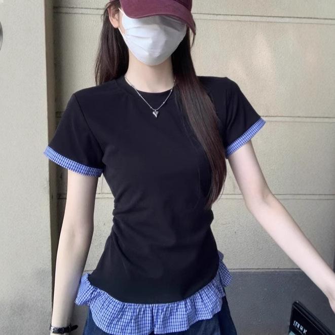 

Retro Korean Style Plaid Patchwork Ruched Short Sleeve Women s T-Shirt XL