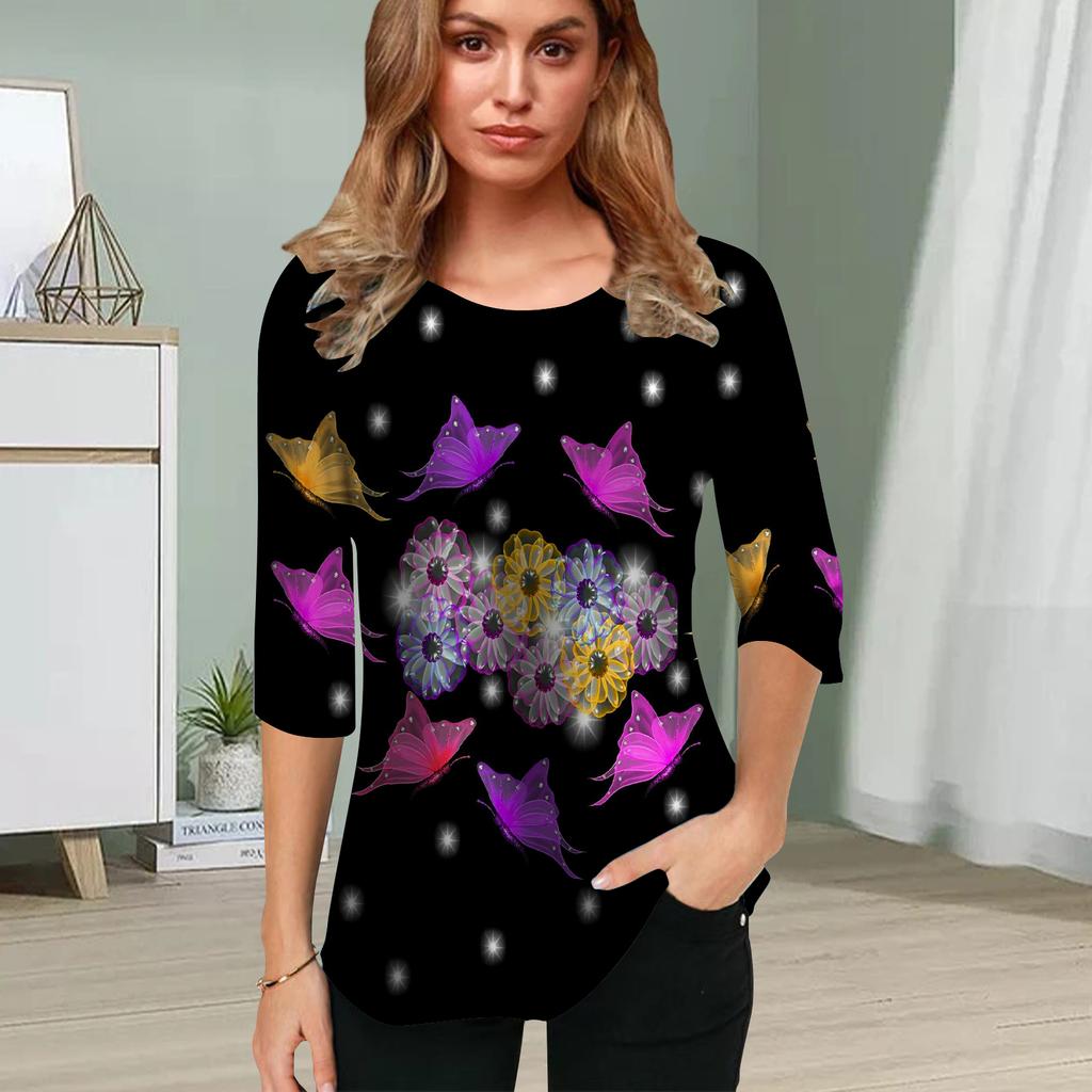 Womens Blouse 3D Plastic Flowers Printing Flower Half Sleeve Tops Summer Casual Tops Printed Round Neck Half Sleeve T Shirt