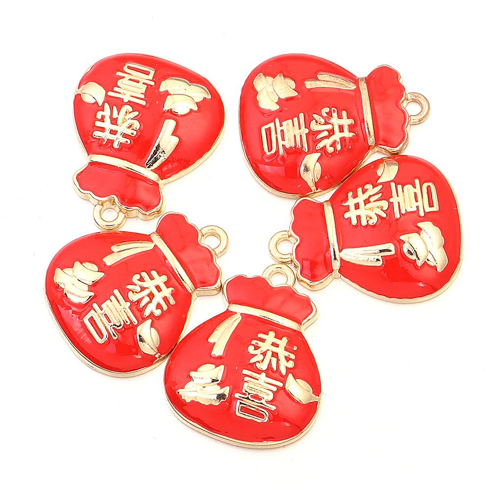5pcs Alloy Enamel New Year Charms Red Chinese Style New Year Wishing Words Pendants For Jewelry Making DIY Spring Festival Gift