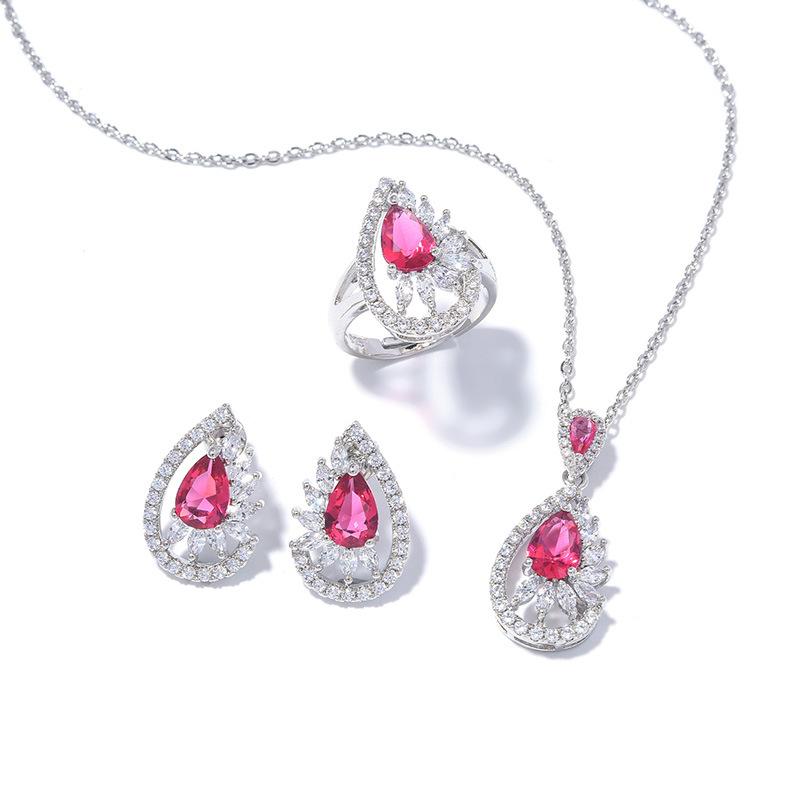 Water Drop Three-Piece Set, Red Gemstone Ring Earrings, Water Drop Necklace Set, In Stock.