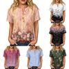 Camicia da donna a maniche corte in misto cotone e lino con stampa alla moda, colletto Henley con bottoni e taschino frontale per abbigliamento casual