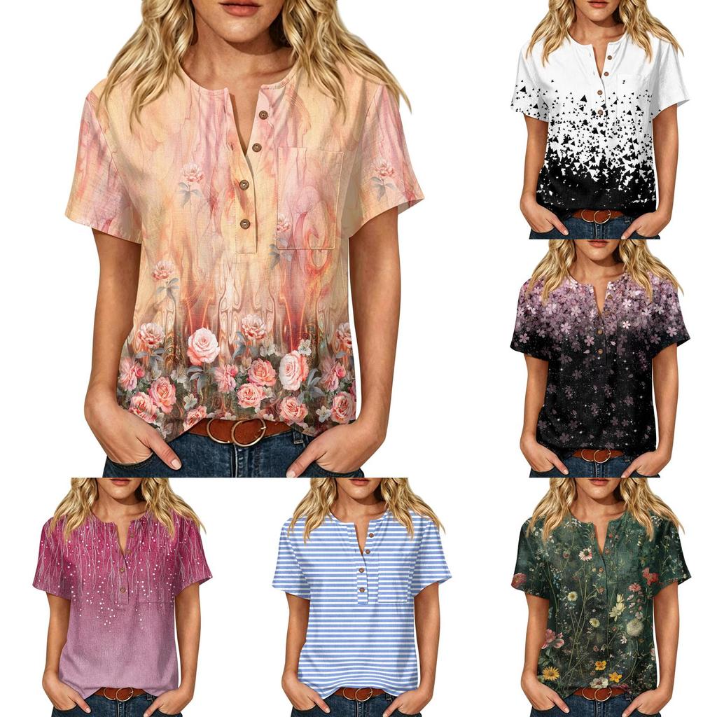 Damen Kurzarm Hemd aus Baumwolle und Leinen mit Modischem Print Henley Knopfleiste und Brusttasche für Freizeitkleidung