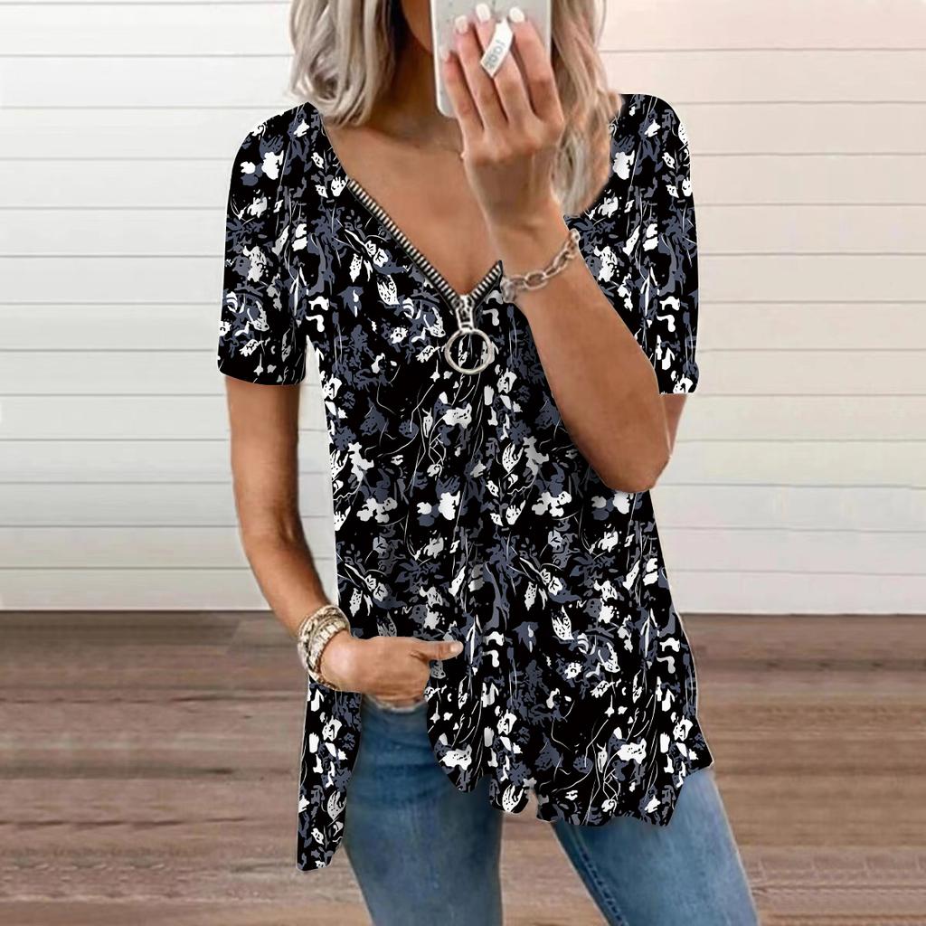 Top de damă Vară Nouă Modă Galben Lămâie Imprimat Casual Fermoar Gât în V Mânecă Scurtă