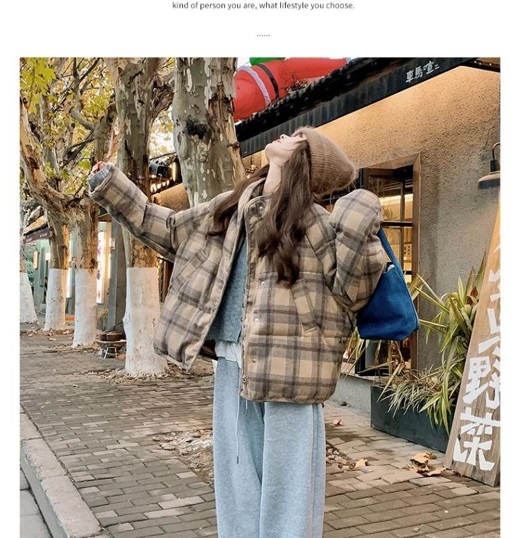 Kurze Kaffee Karierte Baumwollgepolsterte Jacke Damen Winter Locker Oberbekleidung