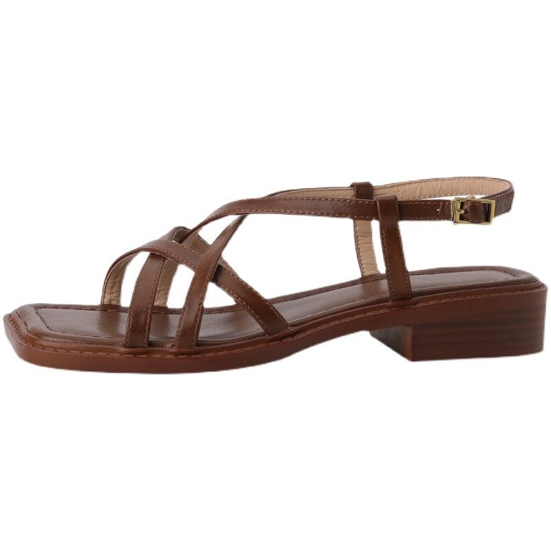 Brown Sandals Women's 2025 New Versatile Retro Open-toed Woven Hollow Roman Flat-bottomed Beach Comfortable Women's Sandals