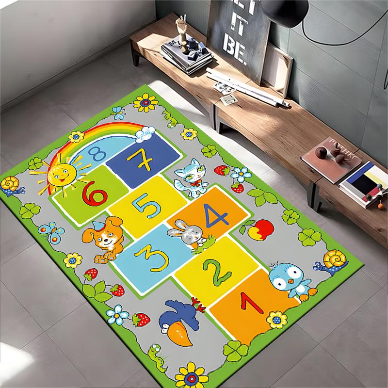 Colorful Hopscotch with Cute Animals Design Non-slip rug suitable for living room and bedroom sofas.