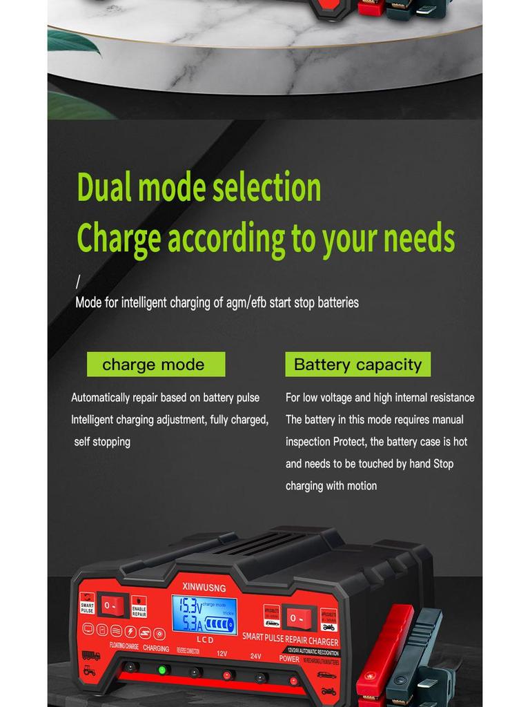 12V/24V High-Power Smart Car Battery Charger with Start-Stop and Universal Compatibility