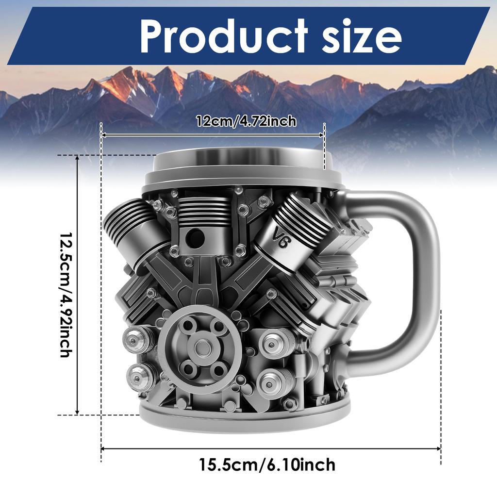 Cana din Oțel Inoxidabil Motor V6/V8 Cană de Cafea Durabilă Rezistentă la Rugină 350ML Cană cu Design Motoare cu Mâner pentru Pasionații de Mașini