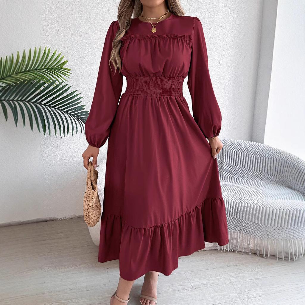 Elegant Solid-color, Black Ear-trimmed, Waist-cinched Pleated Long Dress for Women In Autumn and Winter